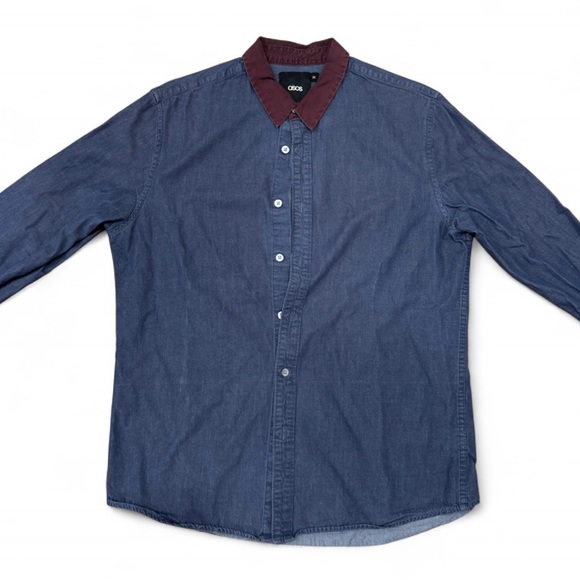 Asos - Men's Blue Denim Shirt with Maroon Collar - Picture 2 of 5